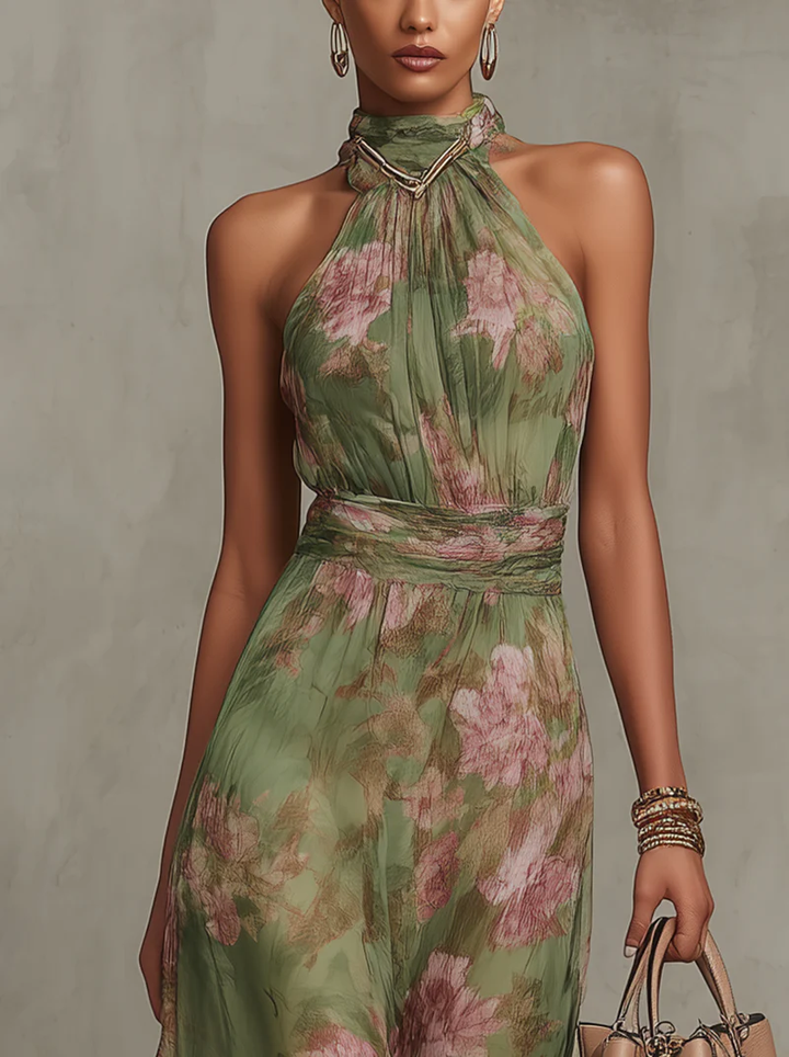 Serena — Robe Maxi Chiffon Floral Élégante à Bretelles