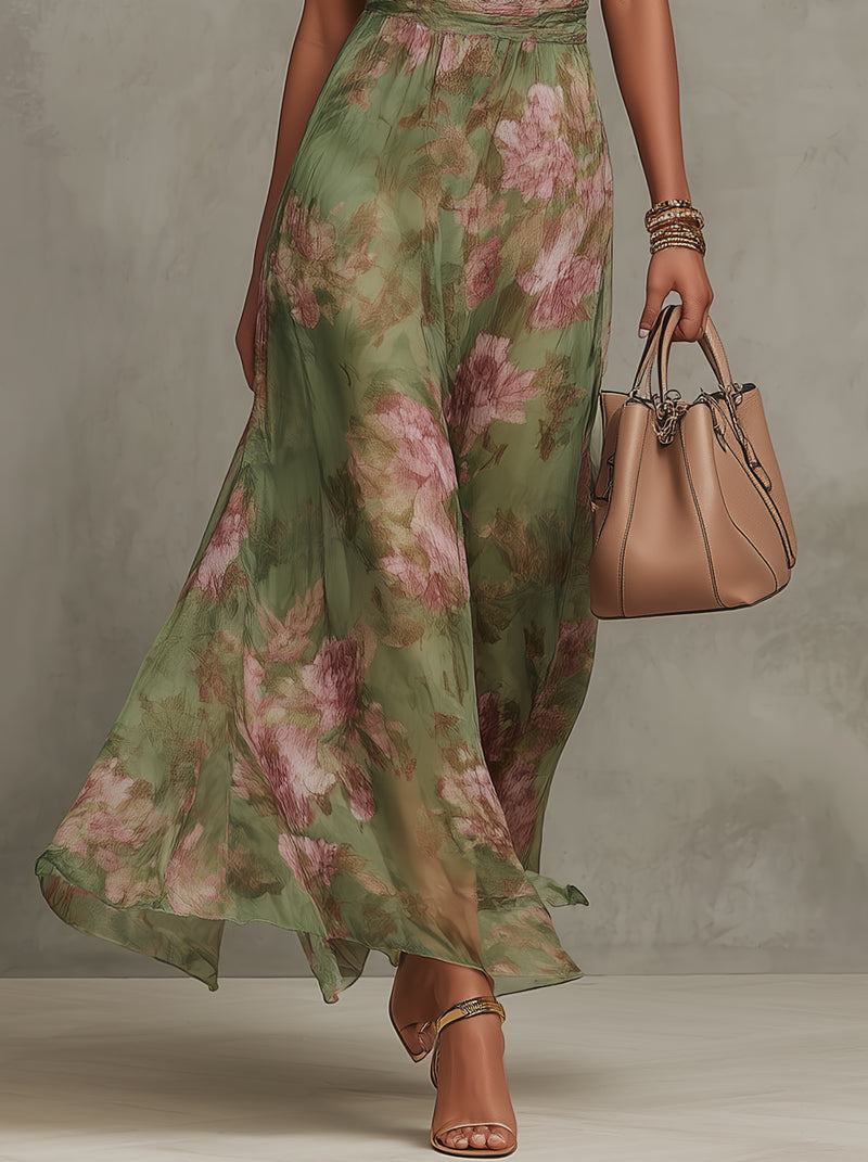 ESSENTIEL - Serena ∙ Robe Maxi en Chiffon Floral Vert avec Décolleté Halter