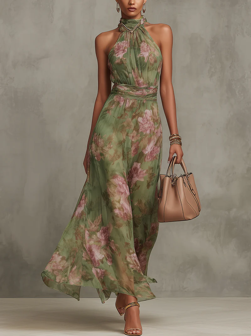 Serena - Robe longue verte à fleurs en chiffon avec décolleté halter
