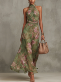 ESSENTIEL - Serena ∙ Robe Maxi en Chiffon Floral Vert avec Décolleté Halter