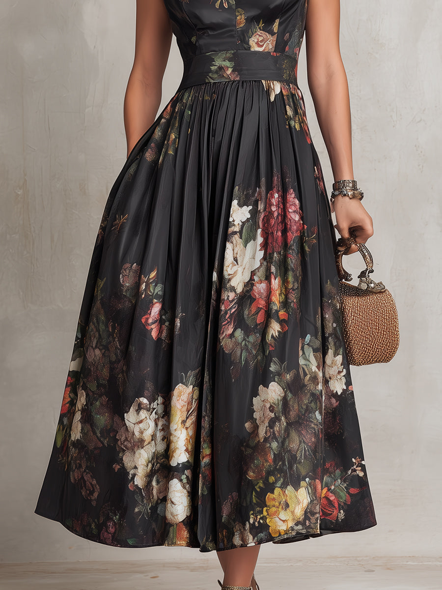 Violetta - Robe Midi Noire en Satin Plissé avec Motif Floral et Décolleté en Forme de Clef