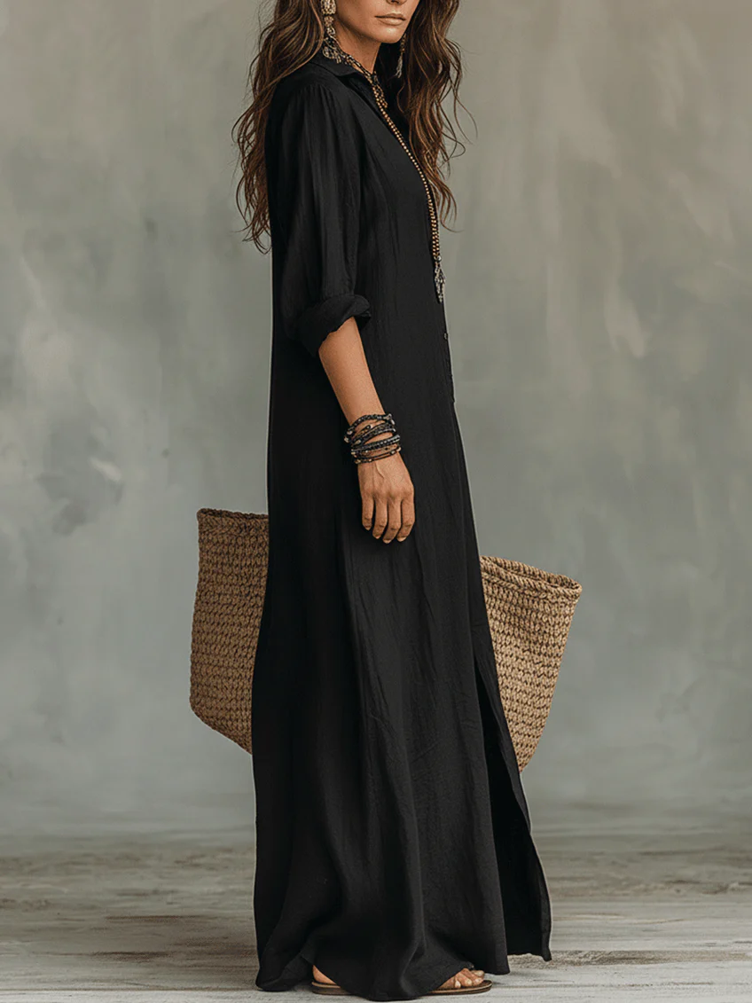 Soline | Robe Maxi Noire Oversize avec Boutons