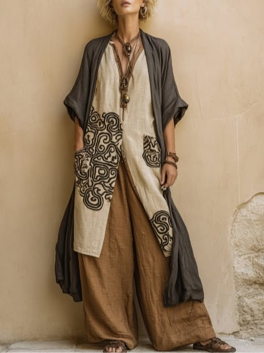 Giulia - Ensemble Bohémien en Trois Pièces en Gris Foncé et Marron avec Motif Tribal