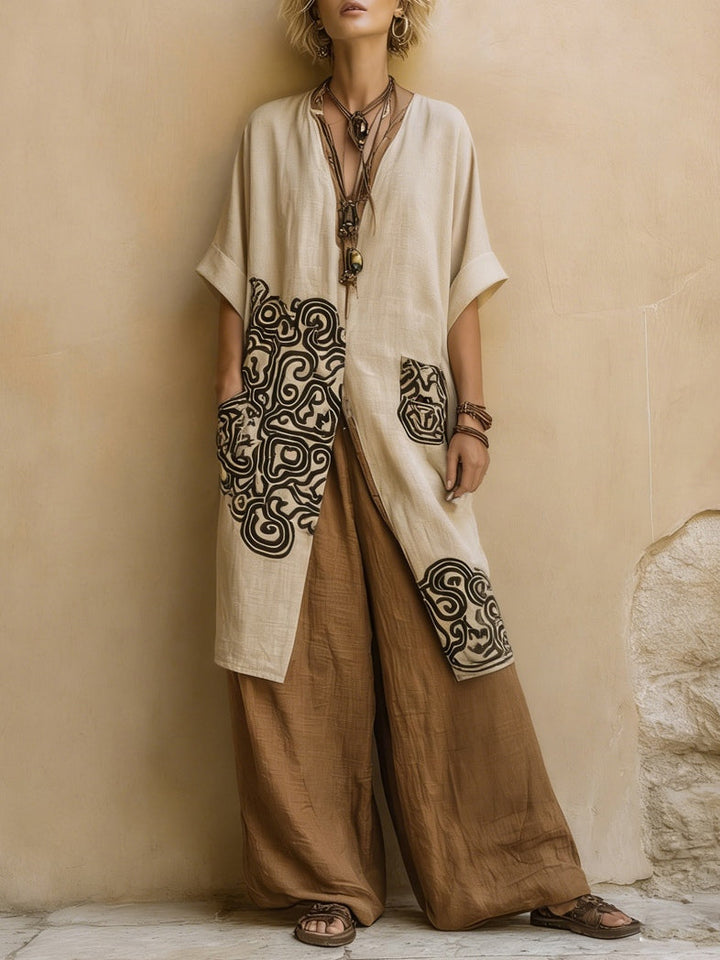 Giulia - Ensemble Bohémien en Trois Pièces en Gris Foncé et Marron avec Motif Tribal