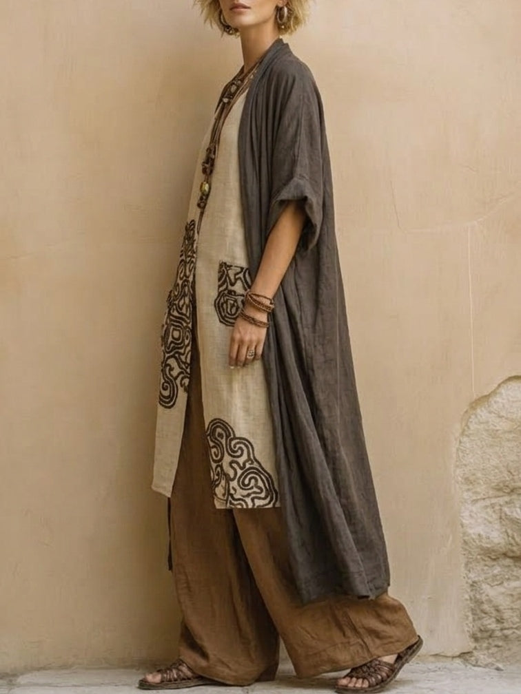 Giulia - Ensemble Bohémien en Trois Pièces en Gris Foncé et Marron avec Motif Tribal