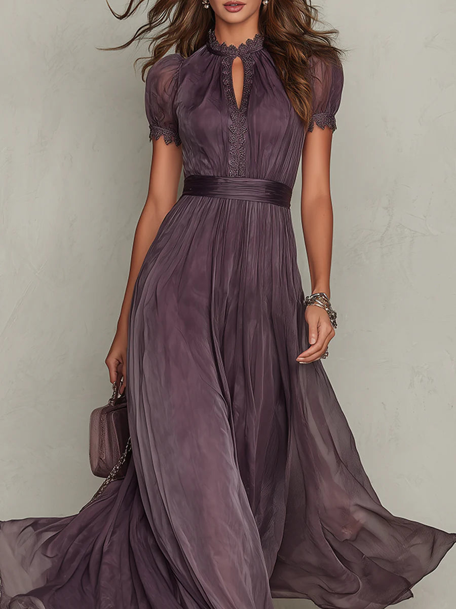 Flavia | Robe Longue Élégante Violet Col Goutte Dentelle