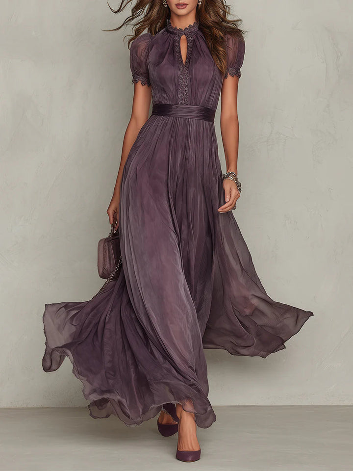 Flavia | Robe Longue Élégante Violet Col Goutte Dentelle