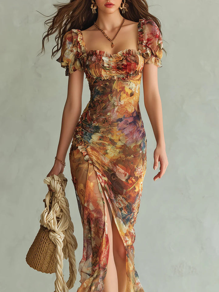 Viola | Robe longue en chiffon orange avec imprimé peinture à l'huile de style bohème