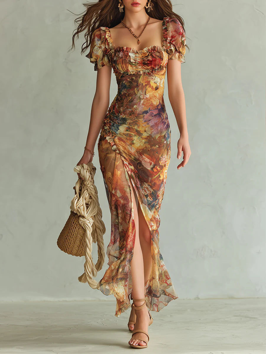 Viola | Robe longue en chiffon orange avec imprimé peinture à l'huile de style bohème