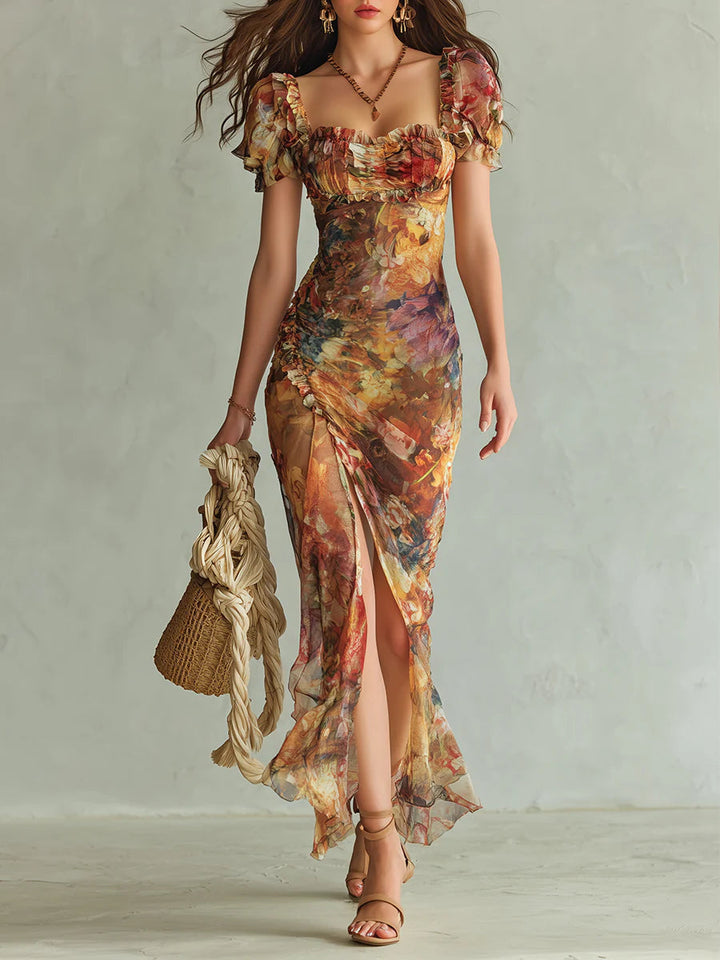 Viola | Robe longue en chiffon orange avec imprimé peinture à l'huile de style bohème