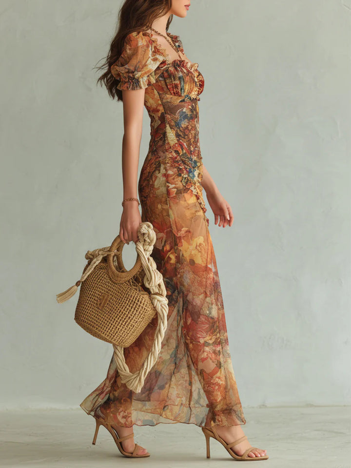 Viola | Robe longue en chiffon orange avec imprimé peinture à l'huile de style bohème