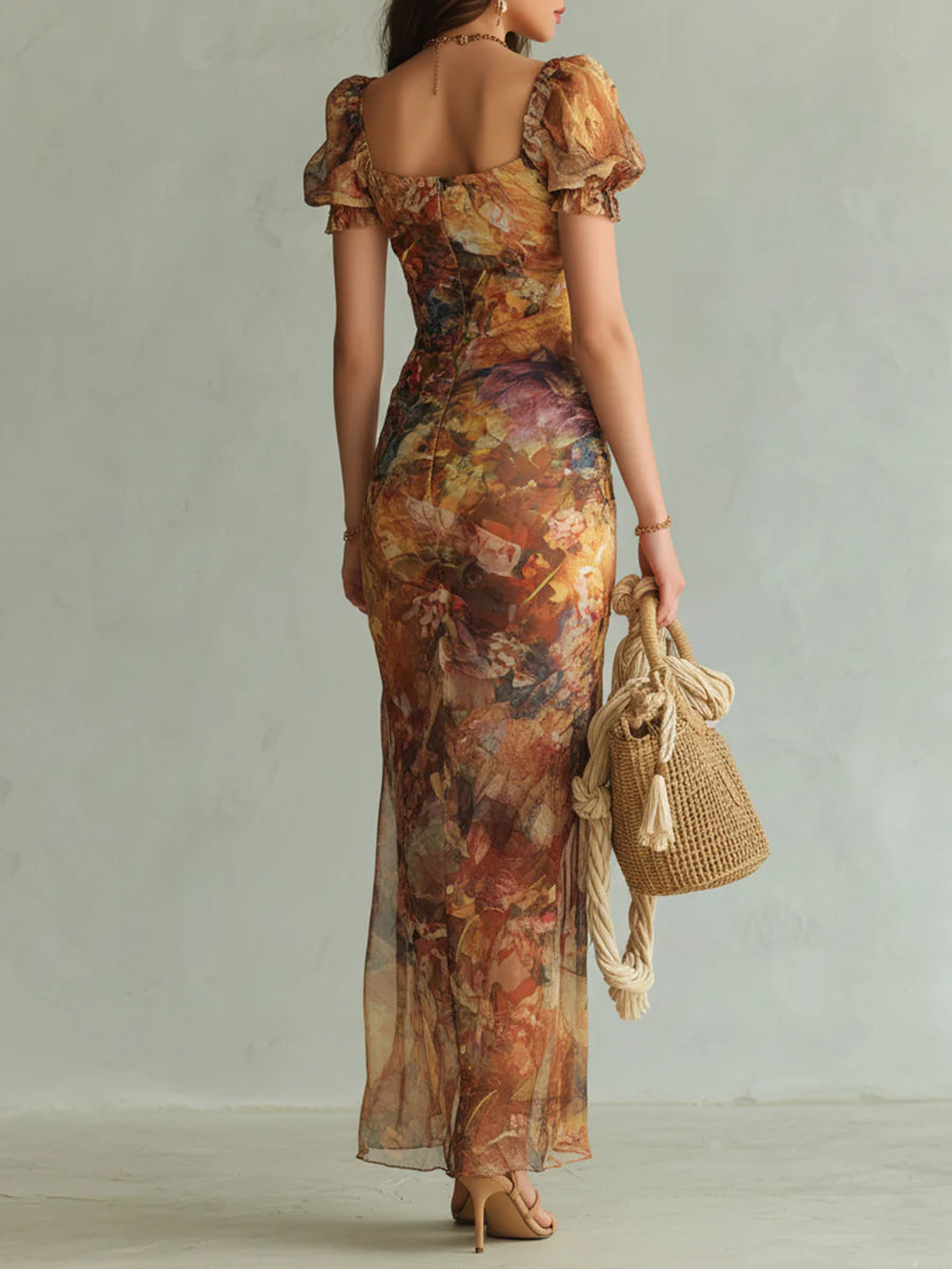 Viola | Robe longue en chiffon orange avec imprimé peinture à l'huile de style bohème