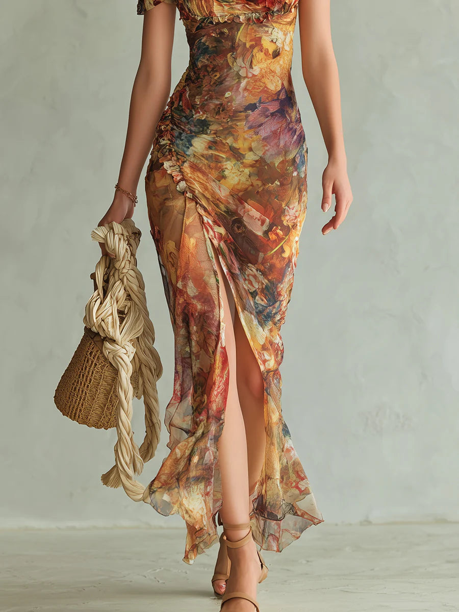 Viola | Robe longue en chiffon orange avec imprimé peinture à l'huile de style bohème