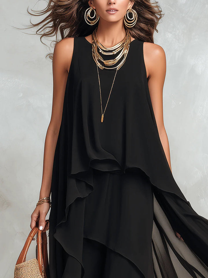 Ombeline | Robe Maxi Mousseline Superposée Sans Manches & Ourlets Asymétriques