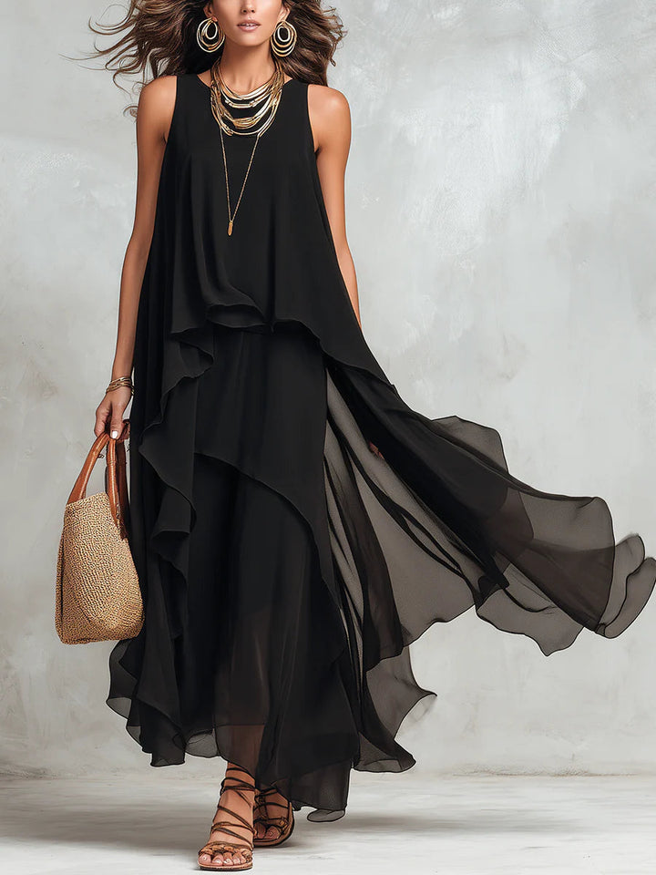 Ombeline | Robe Maxi Mousseline Superposée Sans Manches & Ourlets Asymétriques