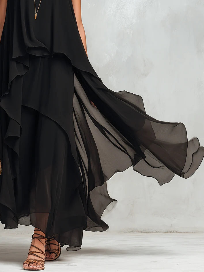 Ombeline | Robe Maxi Mousseline Superposée Sans Manches & Ourlets Asymétriques
