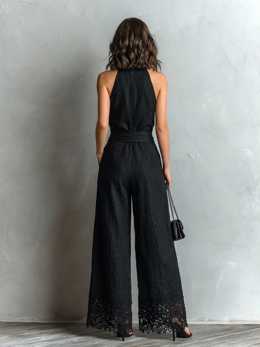 Haut halter en coton-lin noir avec nœud et pantalon large à dentelle