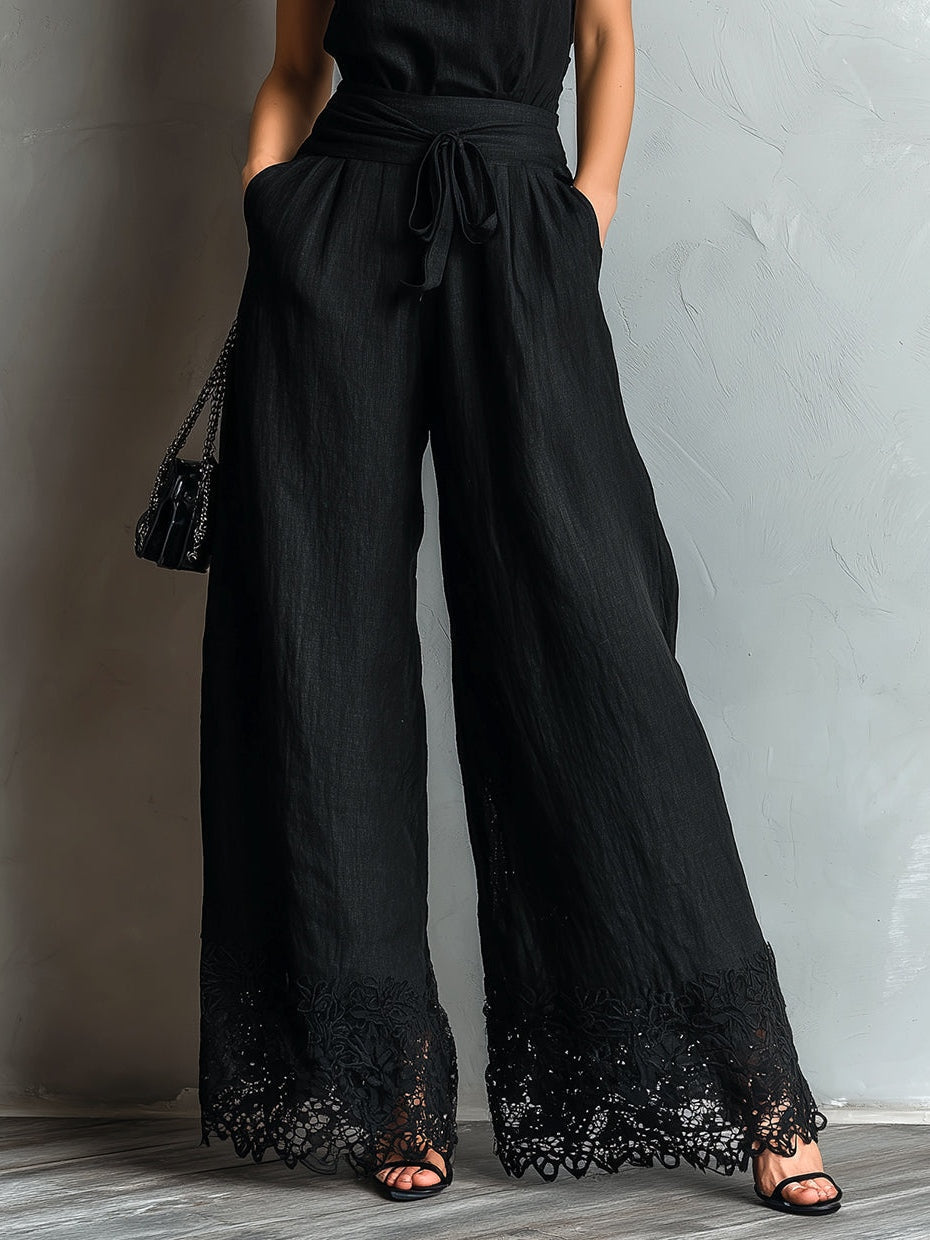 Haut halter en coton-lin noir avec nœud et pantalon large à dentelle