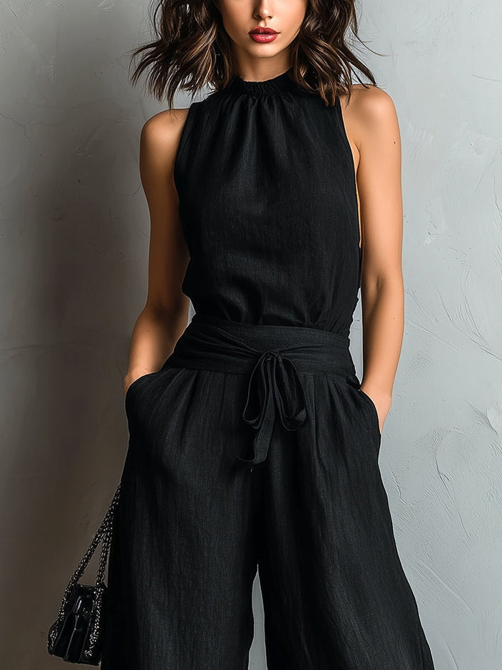Haut halter en coton-lin noir avec nœud et pantalon large à dentelle