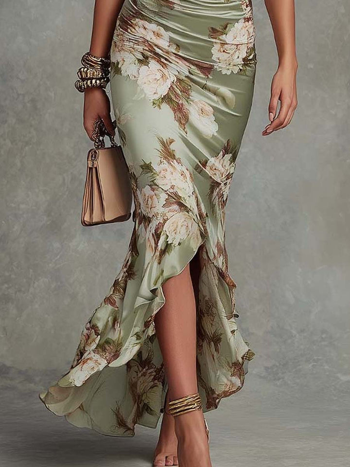 Anna - Robe longue asymétrique en satin vert avec décolleté en V, manches cloche froncées et motif floral