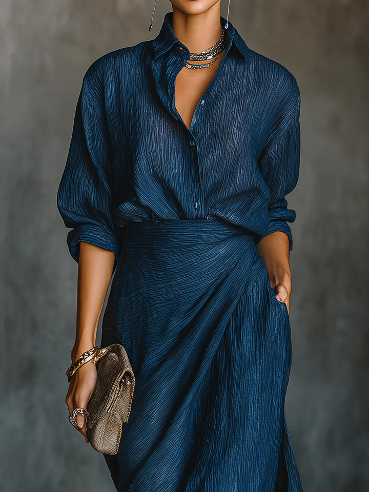 Ensemble de robe longue en mélange de coton et lin bleu marine élégant
