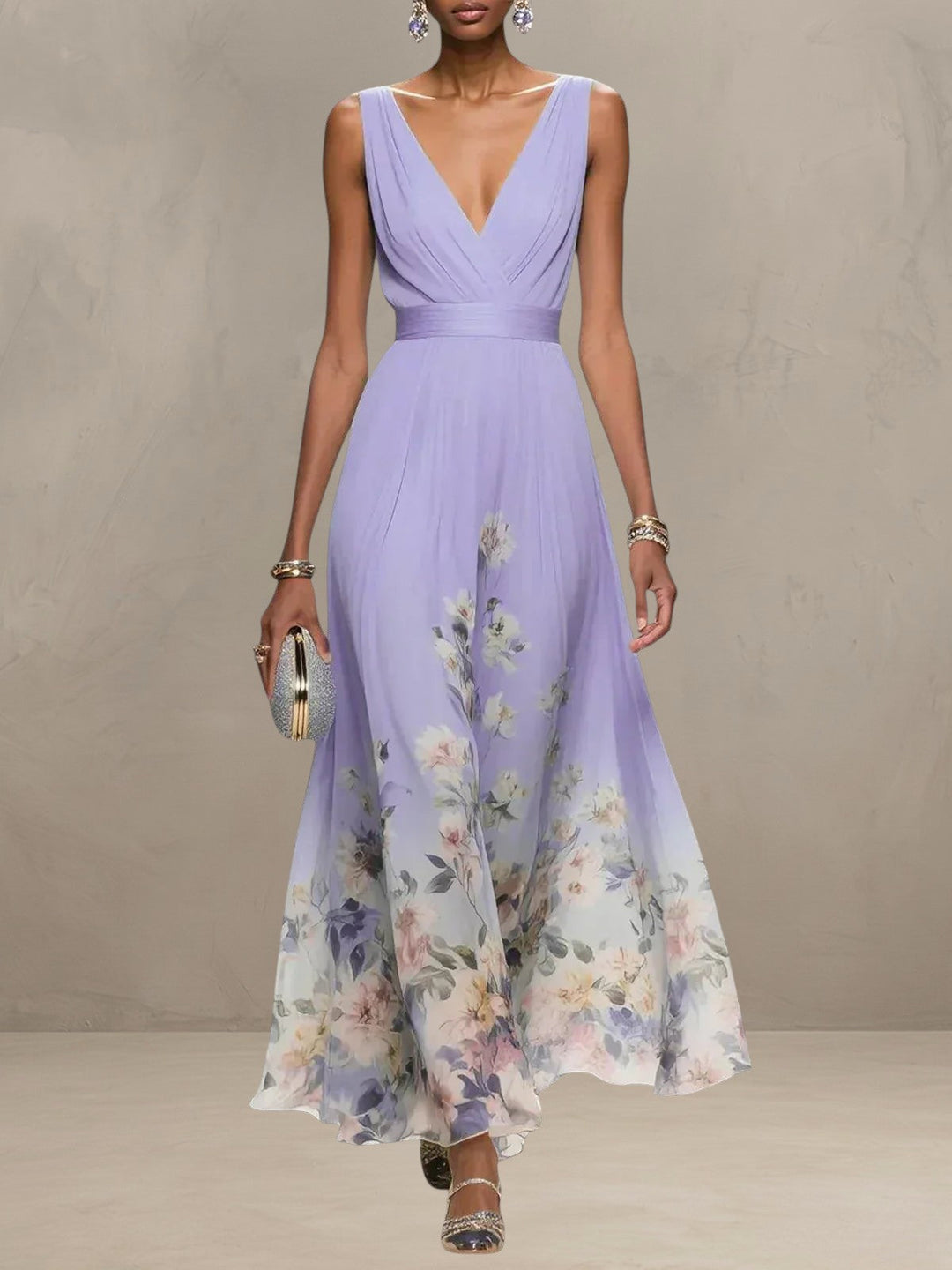 ROSA | ROBE MAXI EN CHIFFON FLORAL À COL V