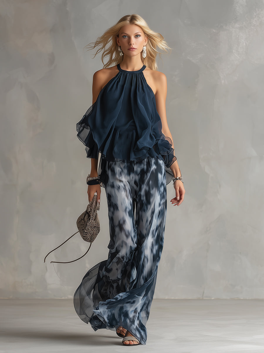 Ludovica – Ensemble élégant en chiffon avec haut à col montant et pantalon large imprimé