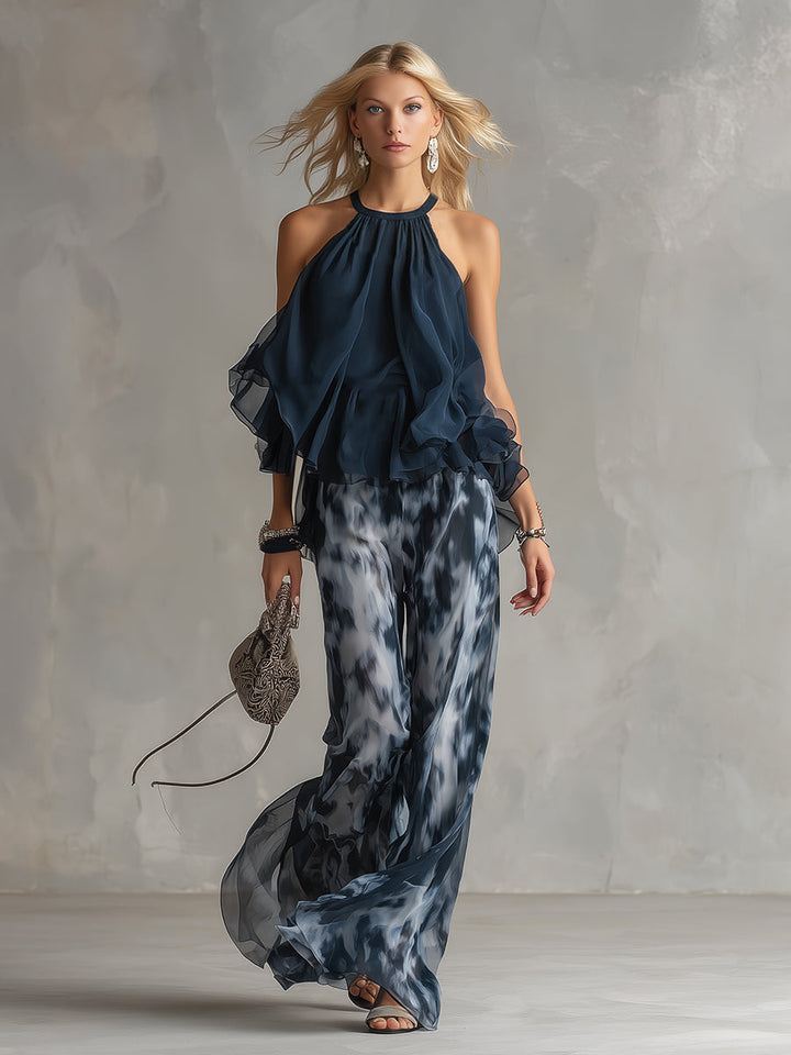 Ludovica – Ensemble élégant en chiffon avec haut à col montant et pantalon large imprimé