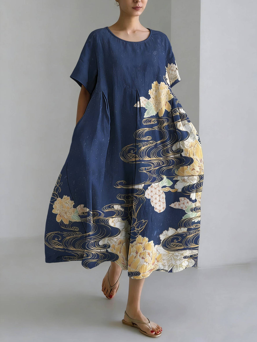 Robe Maxi en Mélange Lin et Fleurs Rêveuses Art Japonais
