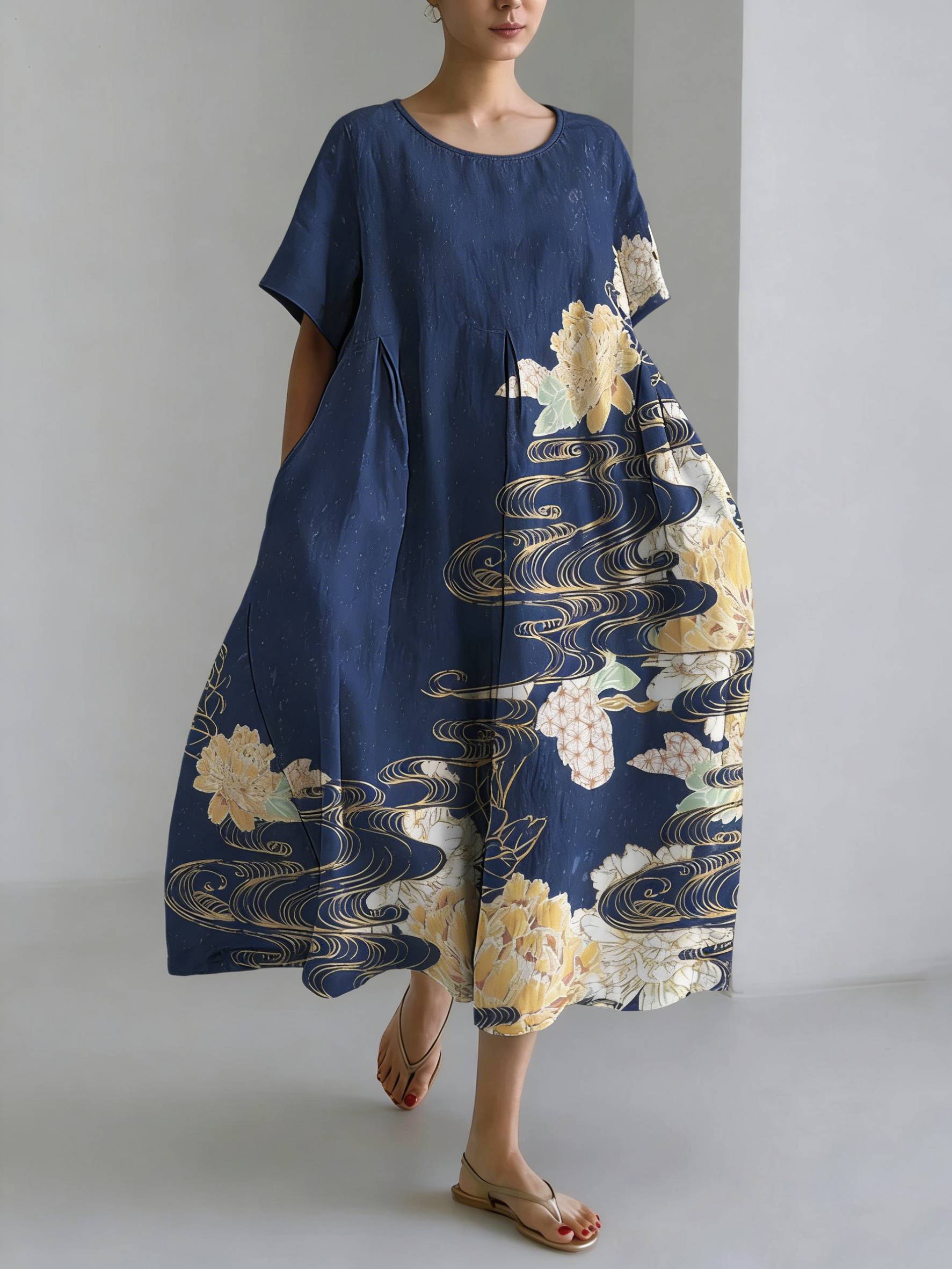 Robe Maxi en Mélange Lin et Fleurs Rêveuses Art Japonais