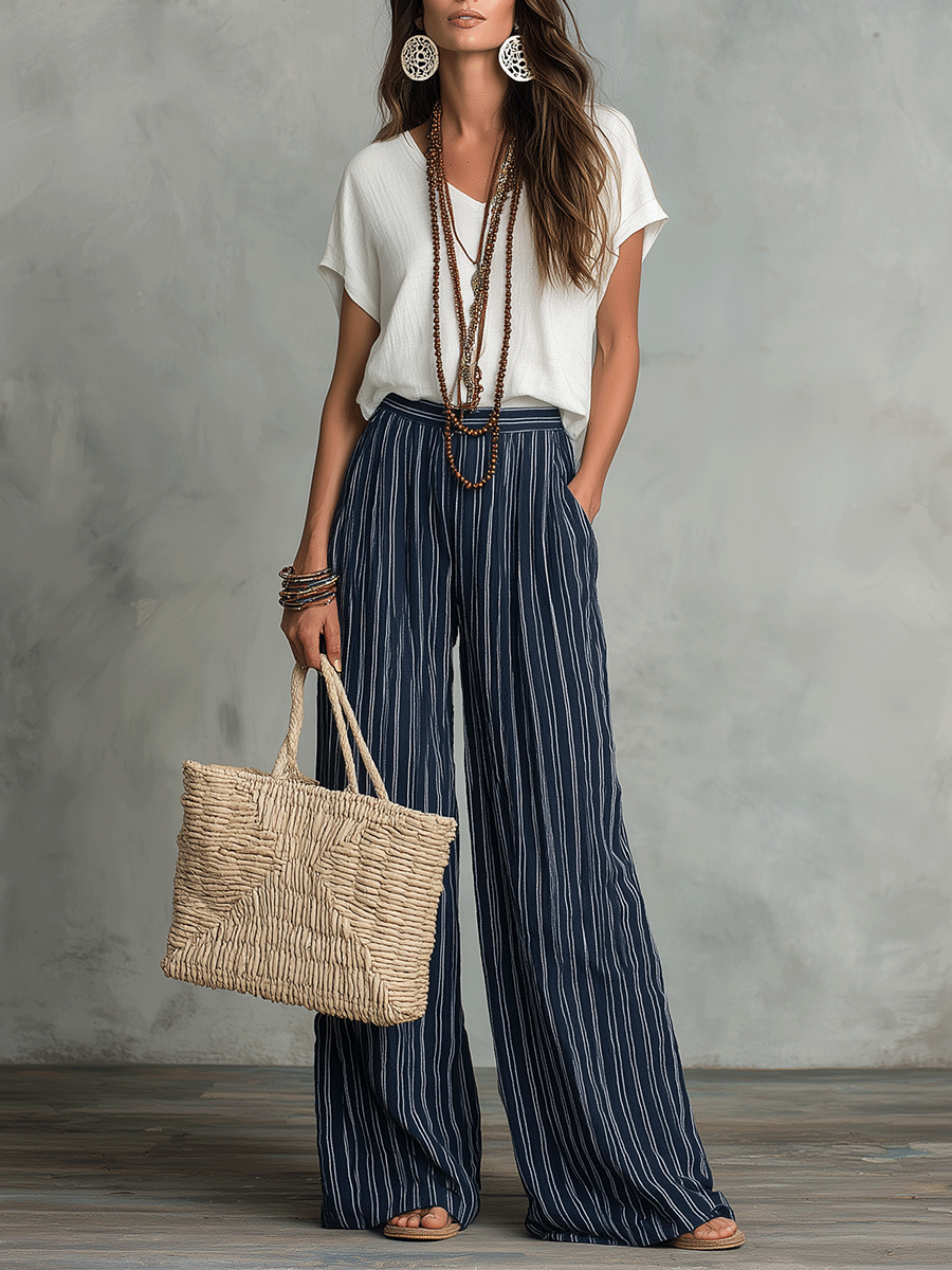 Pantalon Large à Rayures Bohémiennes Détendu et Sans Effort