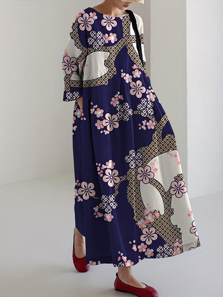 Robe midi loose en imprimé vintage de fleurs de cerisier japonaises pour femmes