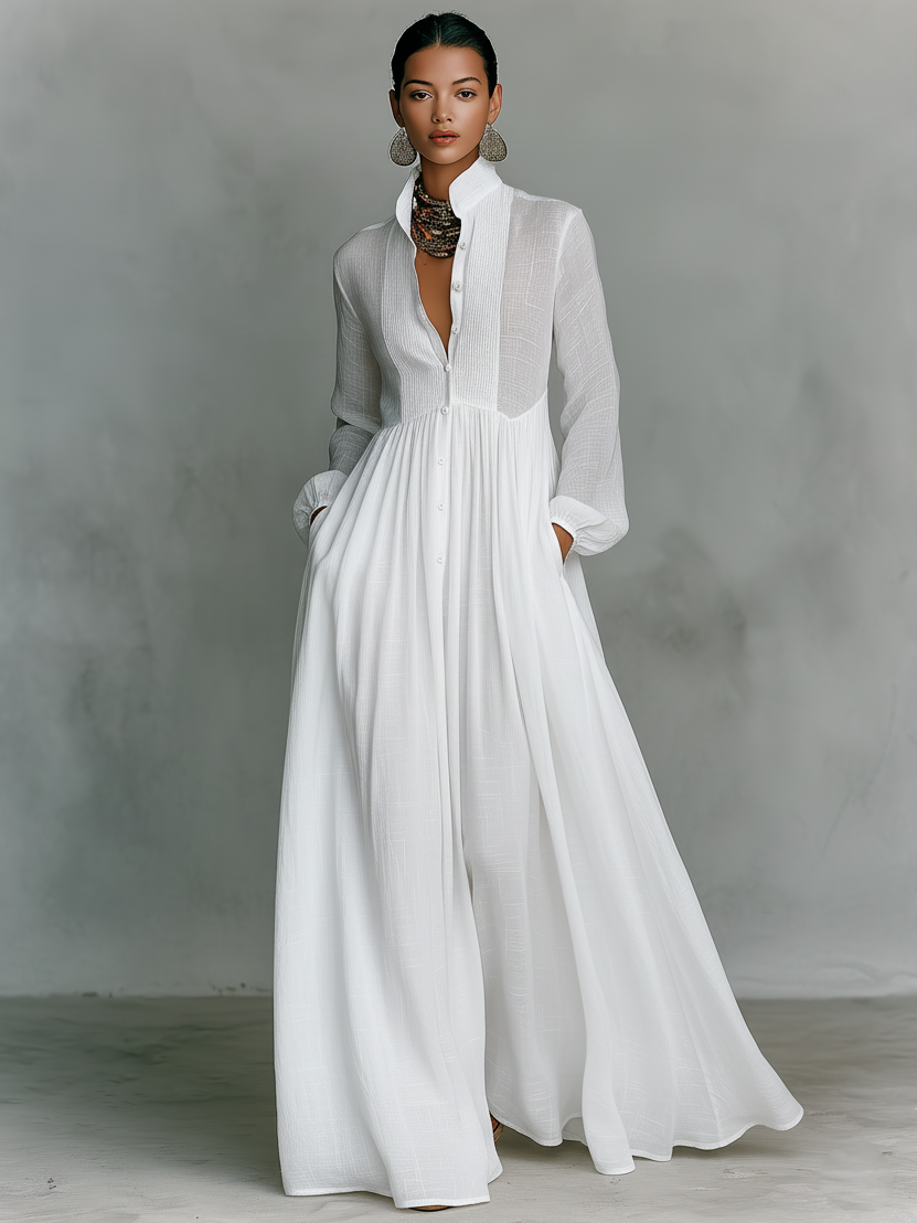 Zoey | Robe maxi en patchwork de coton et lin avec col montant