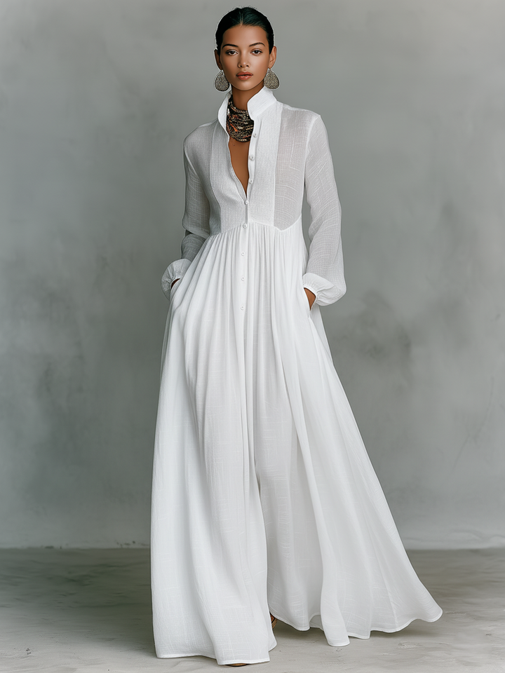 Zoey | Robe maxi en patchwork de coton et lin avec col montant