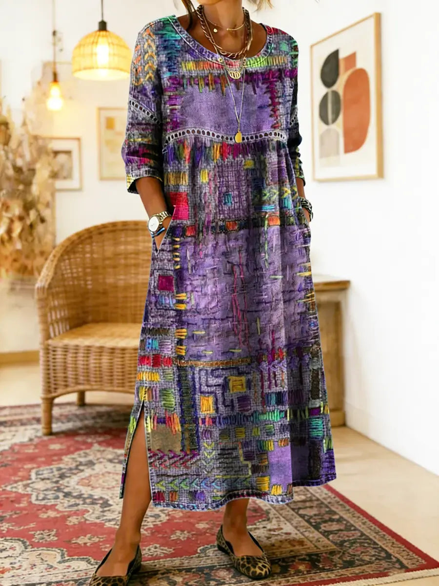 Manuela | Robe Midi Imprimé Patchwork Coloré & Poches Latérales