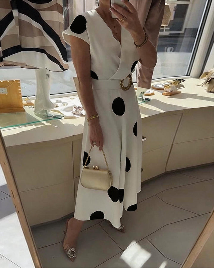 Ariel | Robe Midi Pois Grands Col V & Ceinture Dorée