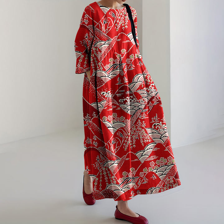 Robe Midi Décontractée Imprimée Art Japonais