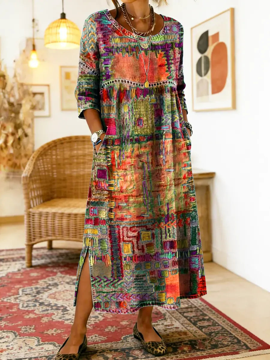 Manuela | Robe Midi Imprimé Patchwork Coloré & Poches Latérales