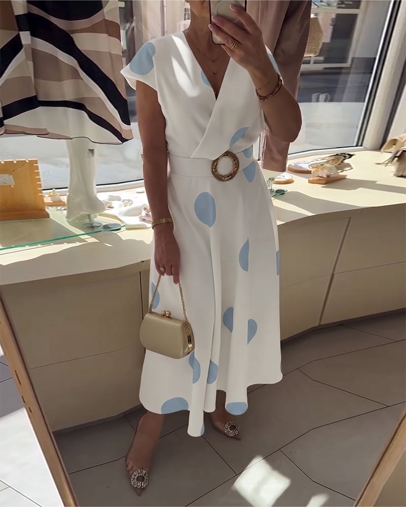 Ariel | Robe Midi Pois Grands Col V & Ceinture Dorée