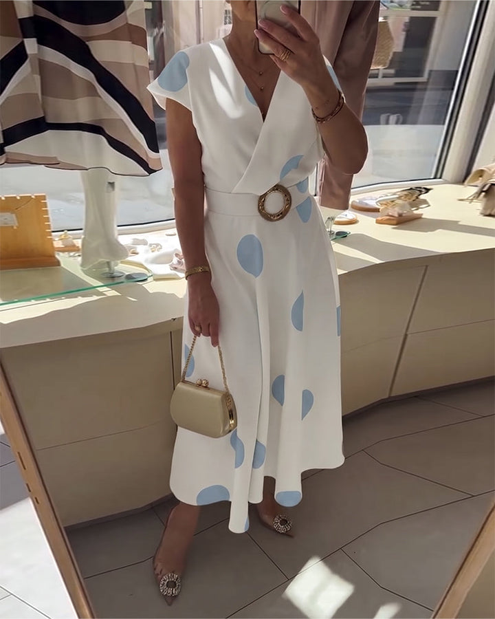 Ariel | Robe Midi Pois Grands Col V & Ceinture Dorée