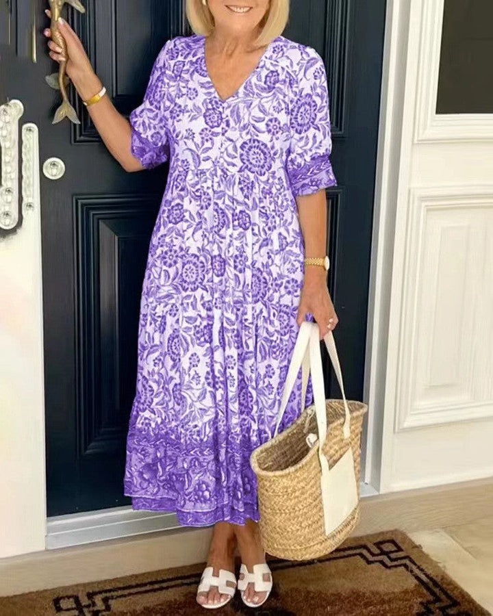 Ellie | Robe Midi Coton Imprimé Floral Bleu & Blanc Col V Étagée