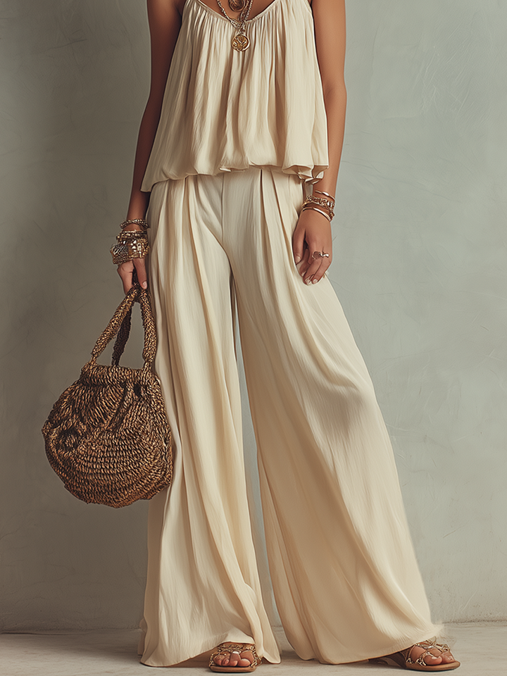 Ensemble Haut Flottant Blanc Cassé et Pantalon Large Flottant