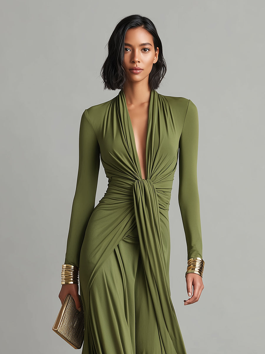 Sofia | Robe Maxikleid en Soie Olive à Profond Décolleté en V