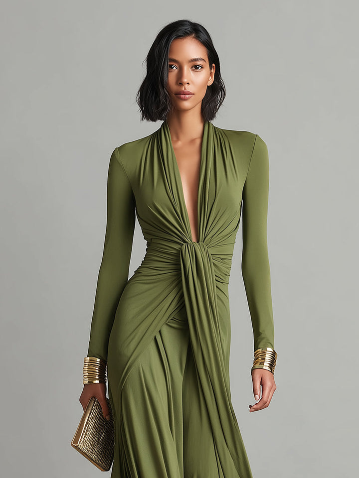 Sofia | Robe Maxikleid en Soie Olive à Profond Décolleté en V