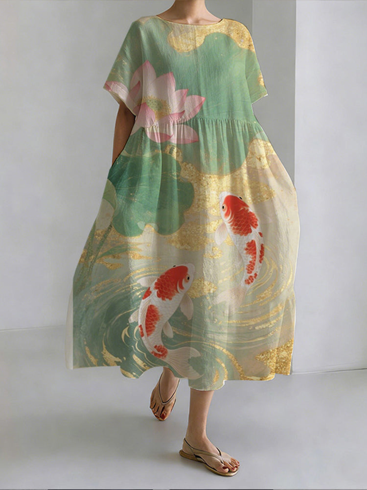 Robe décontractée à col rond style japonais Koi et étang de lotus