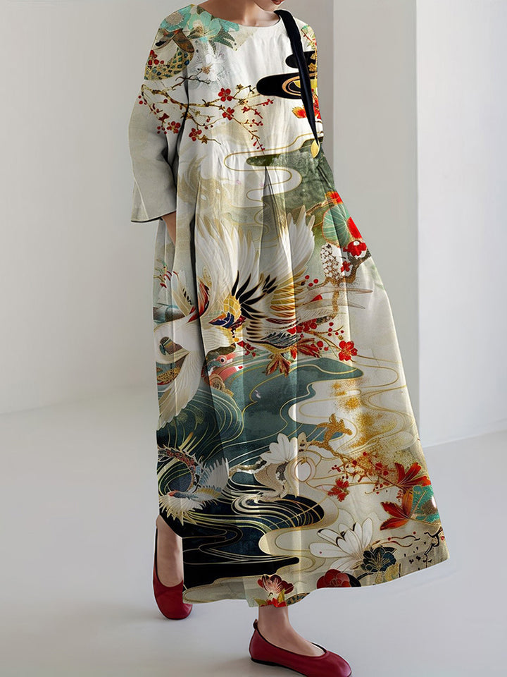 Robe Midi Imprimée Art Flora Japonaise pour Femmes