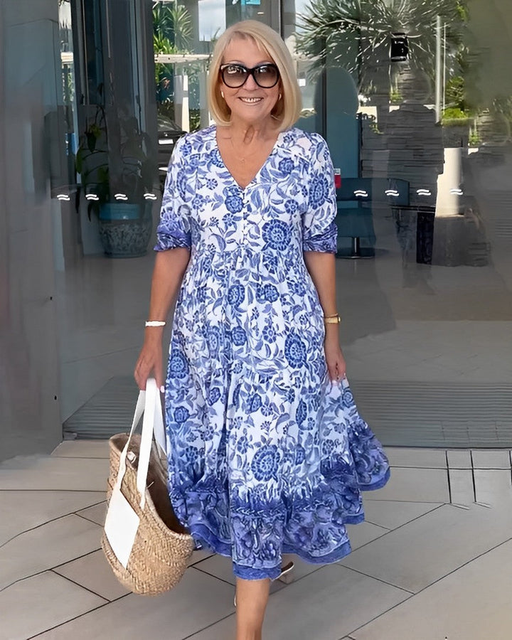 Ellie | Robe Midi Coton Imprimé Floral Bleu & Blanc Col V Étagée