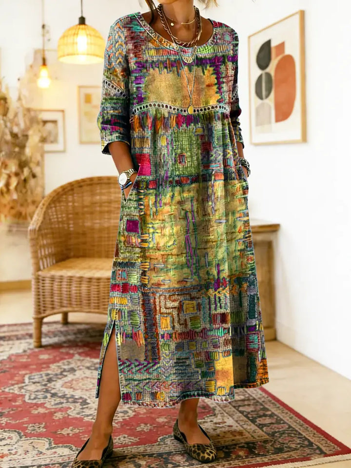 Manuela | Robe Midi Imprimé Patchwork Coloré & Poches Latérales