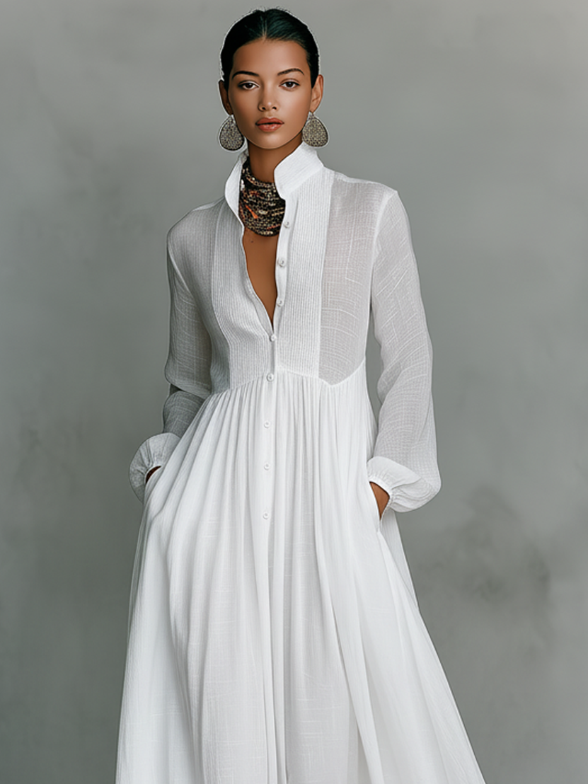 Zoey | Robe maxi en patchwork de coton et lin avec col montant