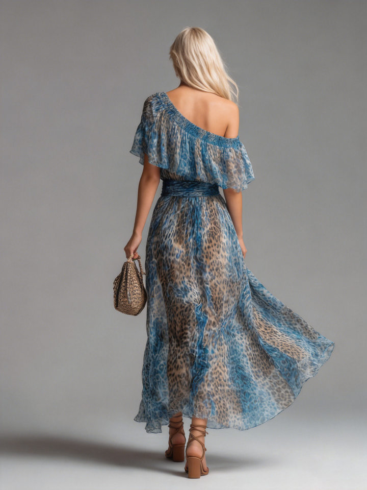 Selvaggia – Robe Maxi en Chiffon Imprimé Léopard à Épaules Dégagées